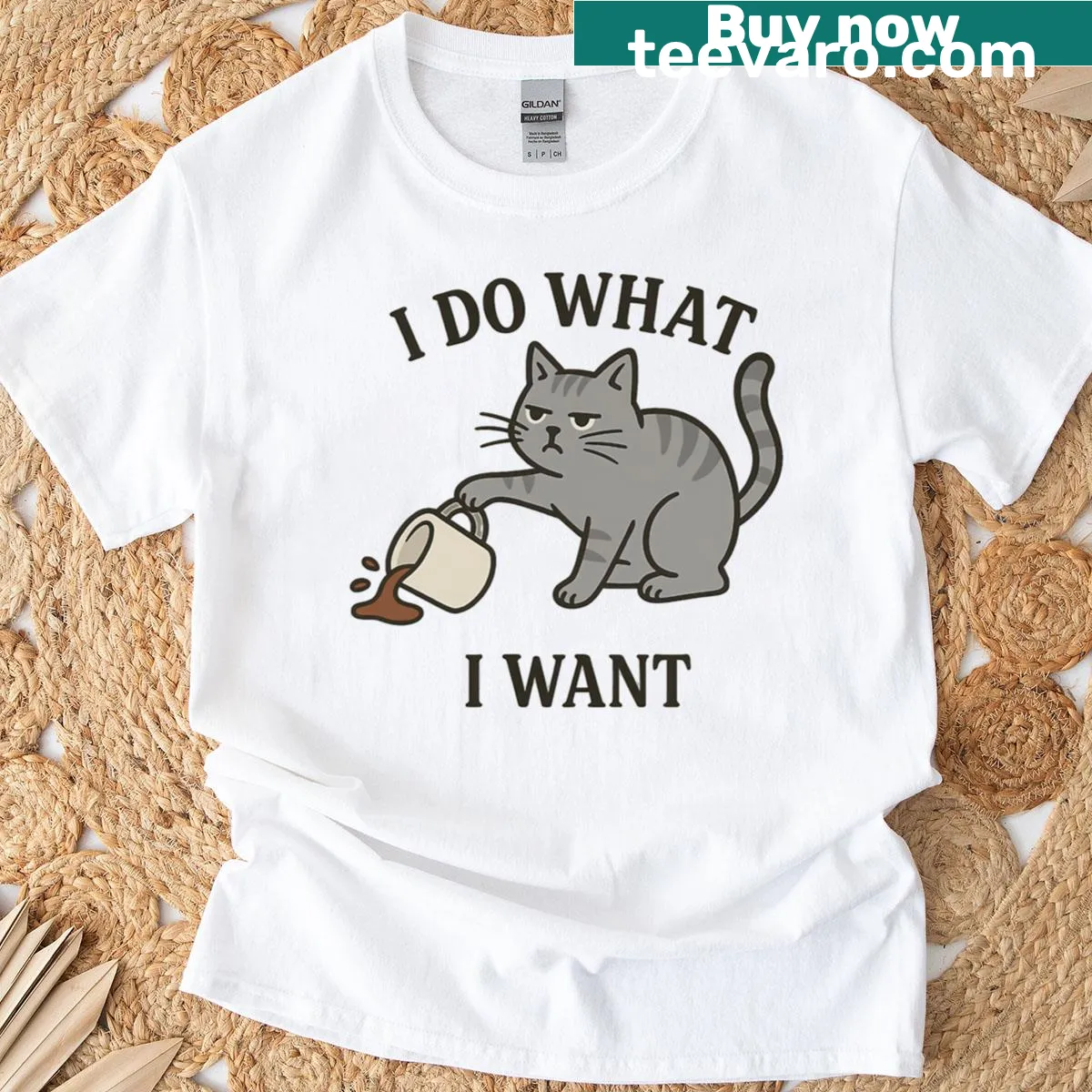 Sassy text 'I Do What I Want' on oversized cat-themed t-shirt — on a men's t-shirt