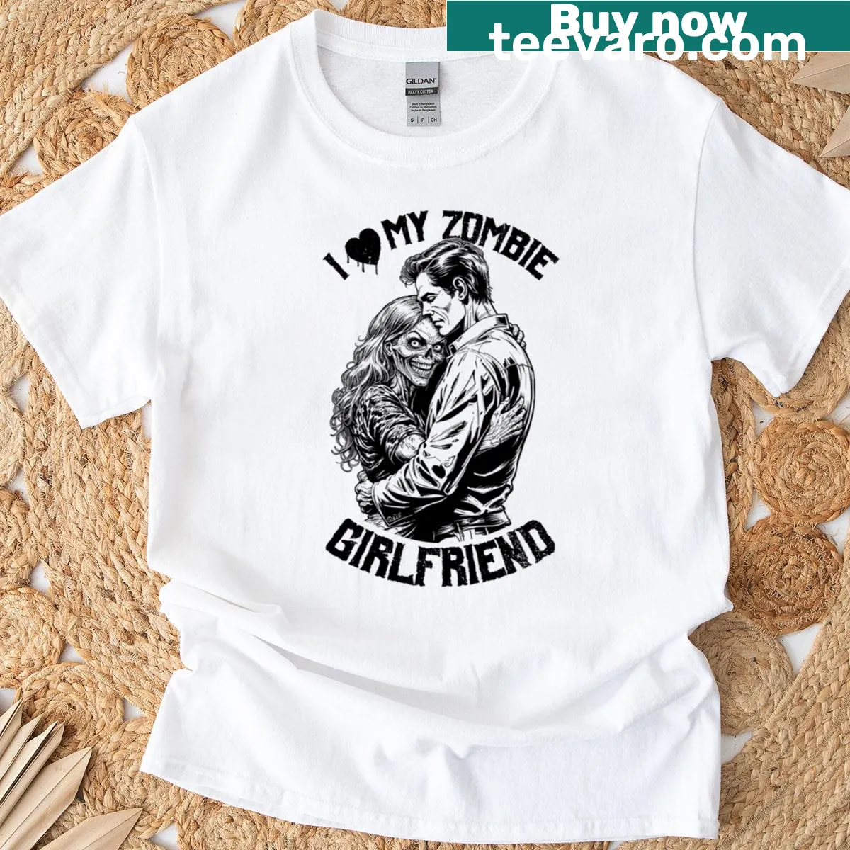 Vintage-style Halloween t-shirt with zombie couple and humorous text — on a men's t-shirt