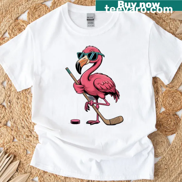 Cartoon flamingo in hockey pose on a sports-themed T-shirt