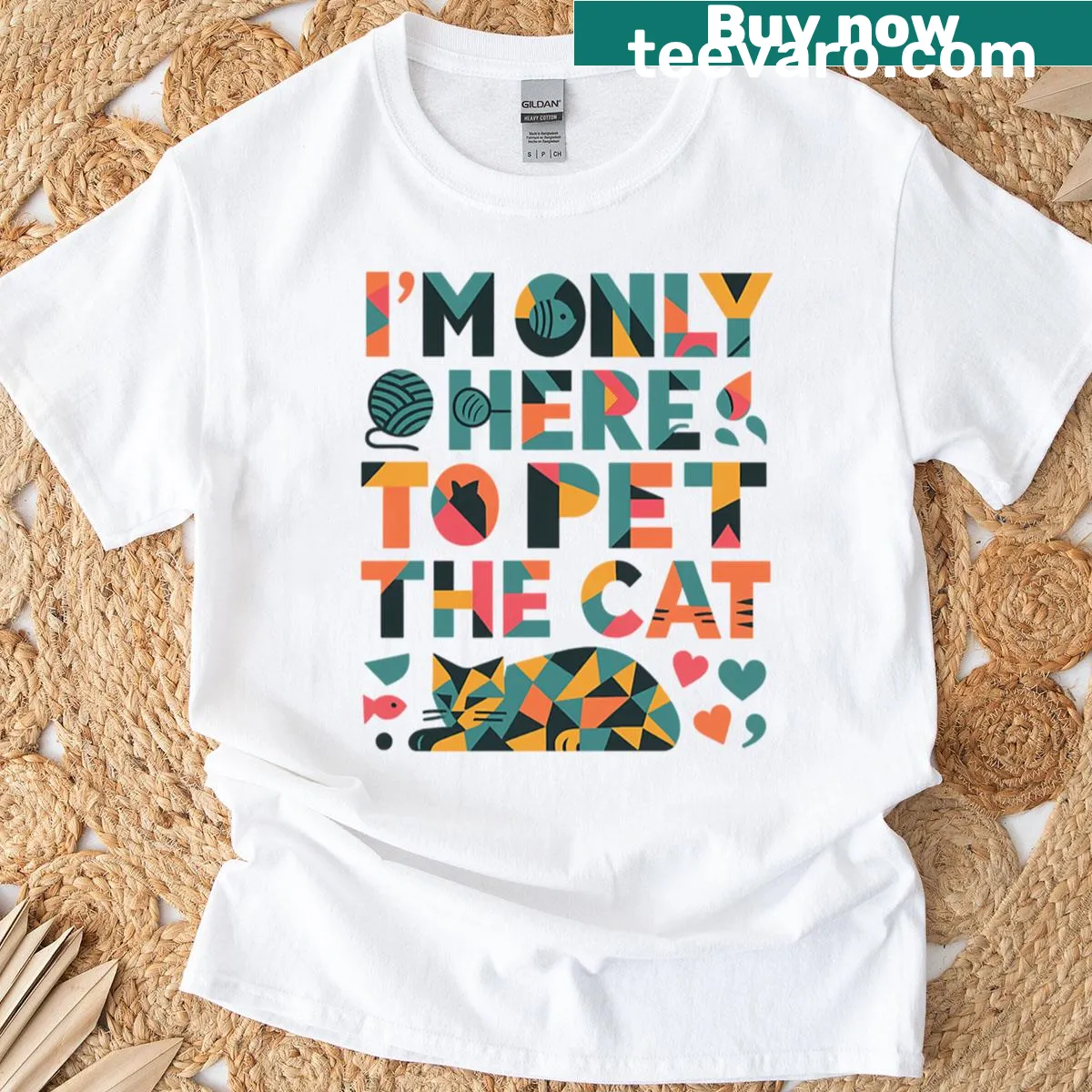 Abstract typography T-shirt stating 'I'm Only Here To Pet The Cat' — on a men's t-shirt