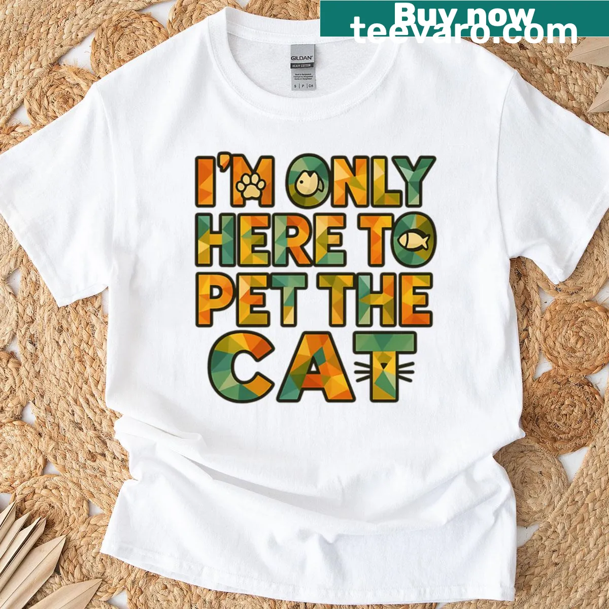 Low poly cat symbol with text 'I'm Only Here To Pet The Cat' — on a men's t-shirt