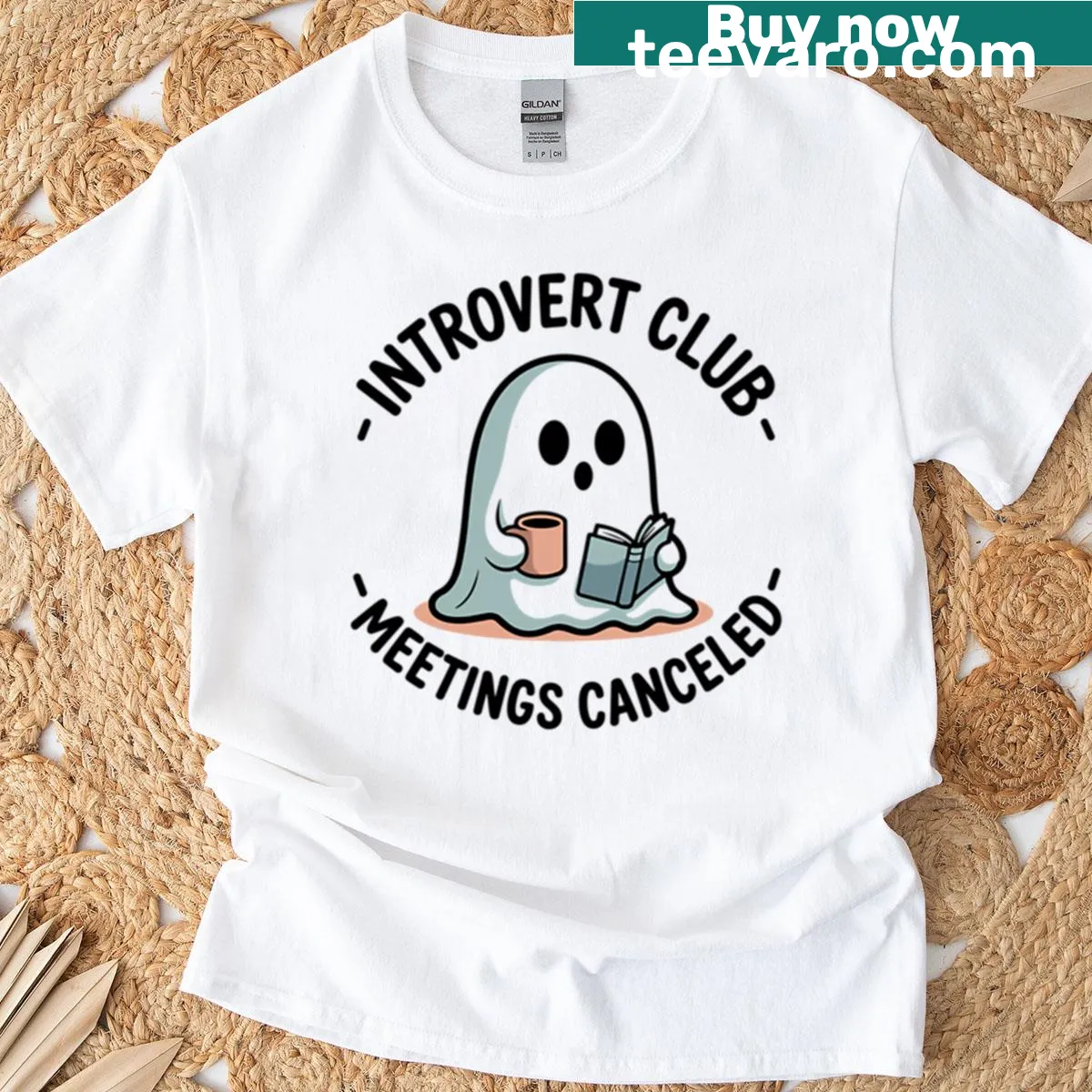 Cute cartoon ghost with a book and coffee on a T-shirt — on a men's t-shirt