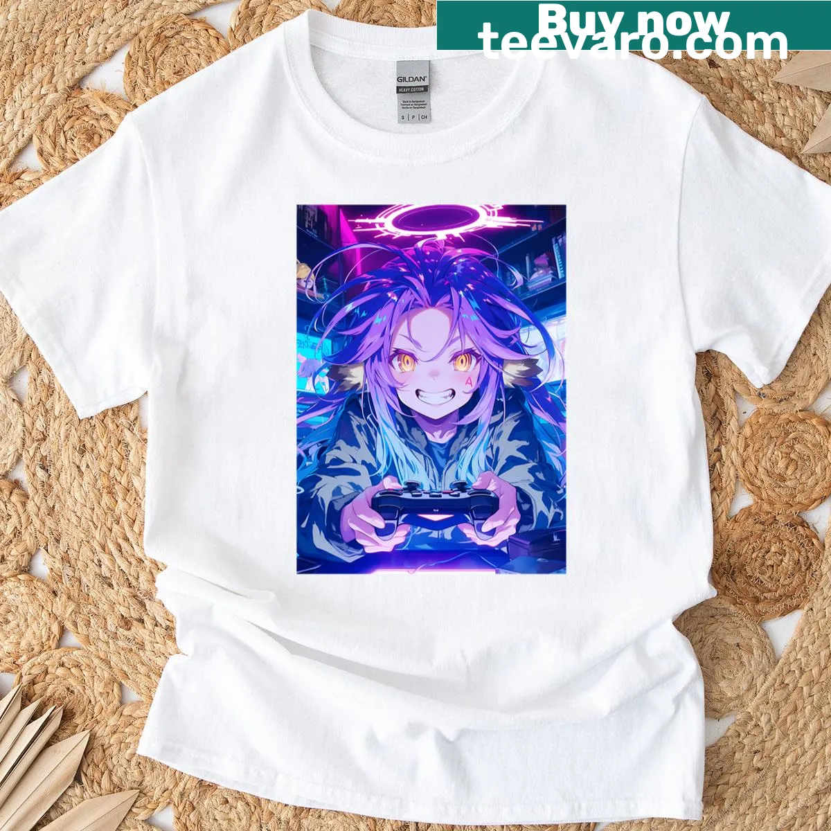 Neon halo design featuring Jibril from No Game No Life — on a men's t-shirt