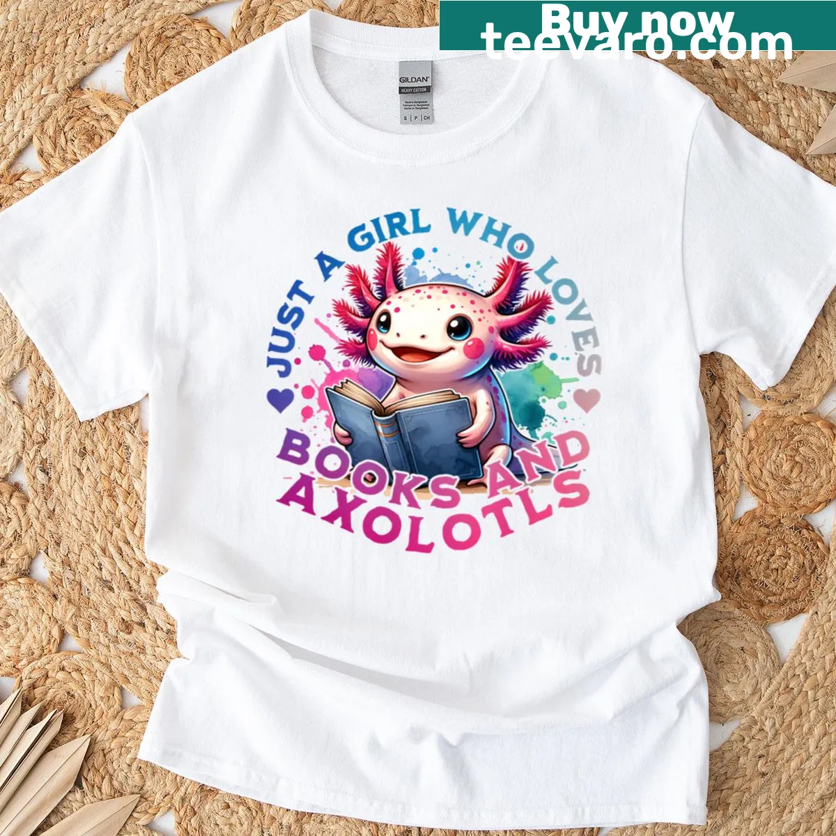 Cute axolotl reading a book design on T-shirt — on a men's t-shirt