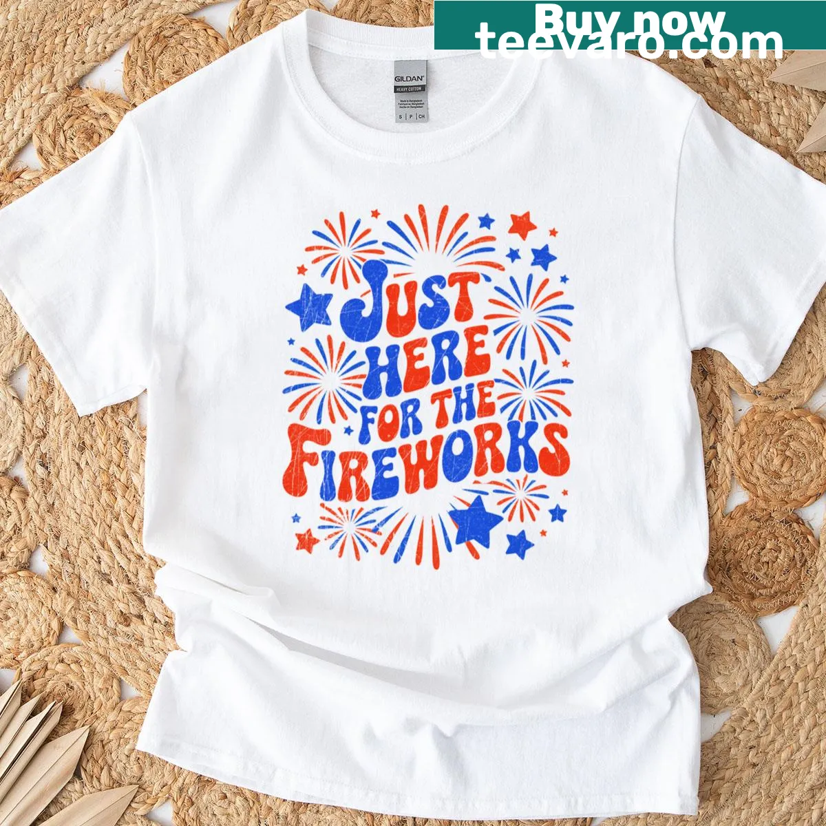 Funny retro T-shirt stating 'Just Here For The Fireworks' — on a men's t-shirt