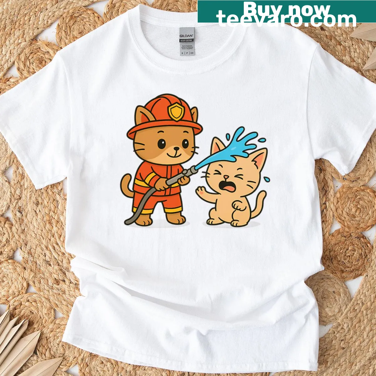 Cute T-shirt featuring a firefighter cat spraying water in a cartoon style. — on a men's t-shirt