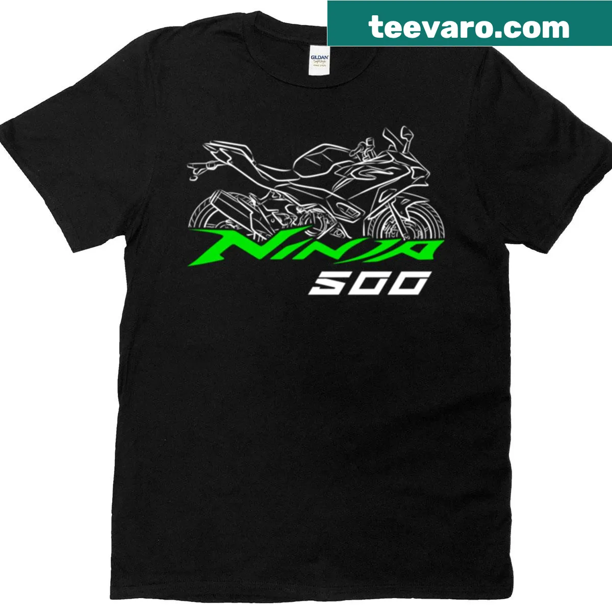 T-shirt featuring a badge design of the Kawasaki Ninja 500 motorcycle — on a men's t-shirt