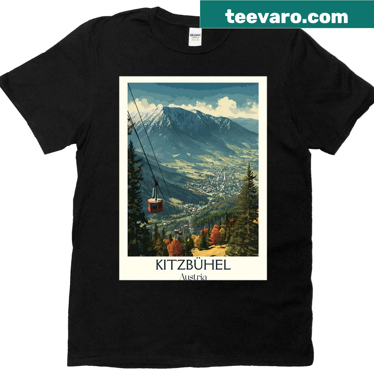 Vintage travel poster T-shirt featuring Kitzbhel, Austria, an iconic ski resort town. — on a men's t-shirt
