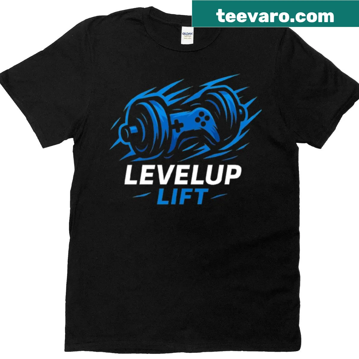 Gym T-shirt with motivational 'Level Up Lift' text — on a men's t-shirt
