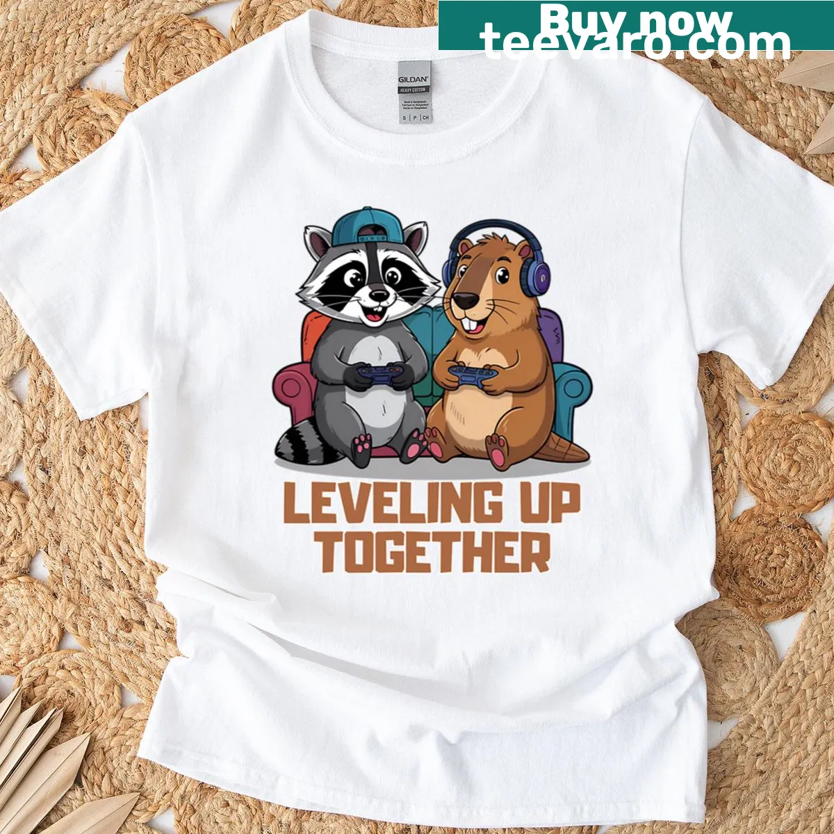 Cartoon t-shirt featuring a raccoon and capybara in a playful design — on a men's t-shirt
