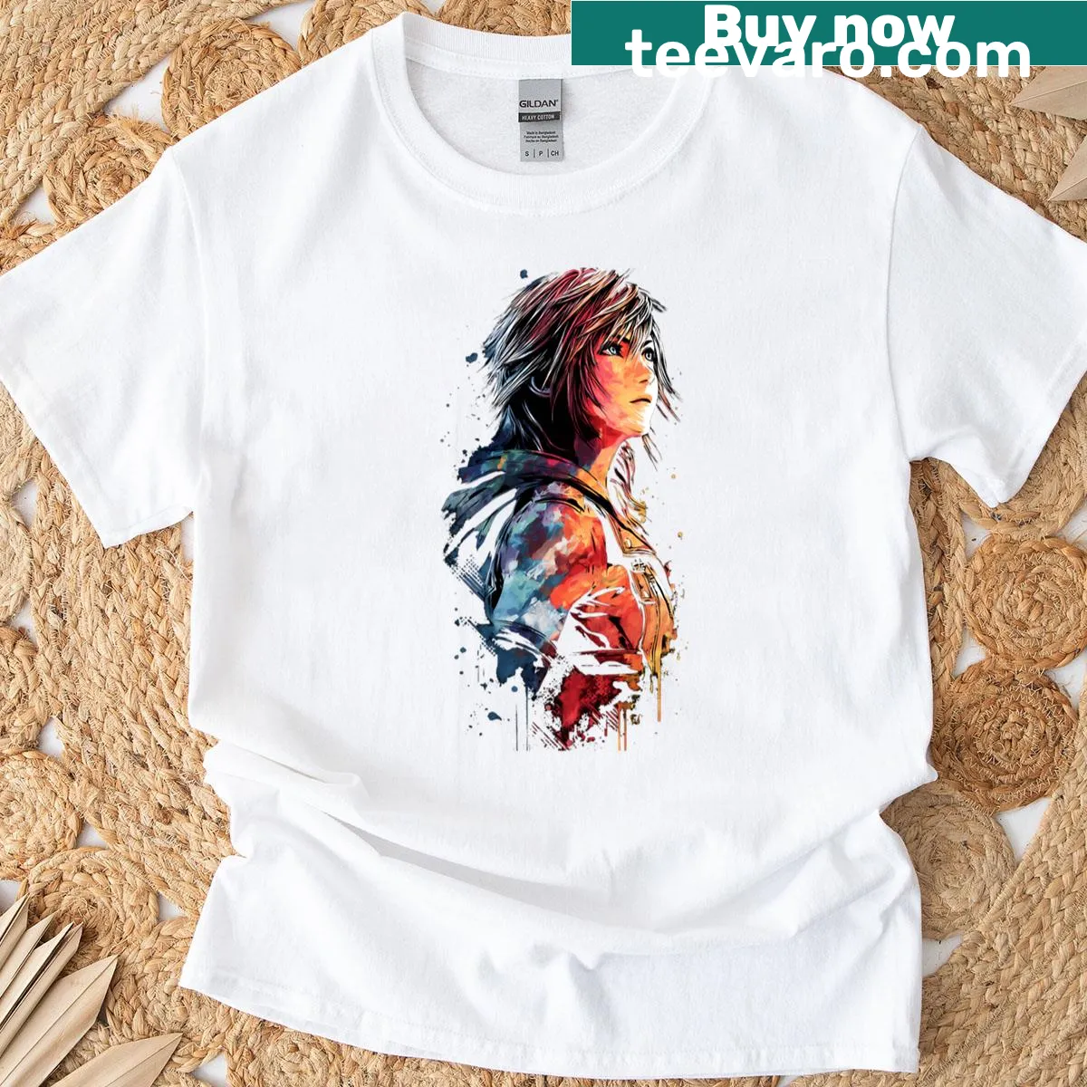 Bold graphic T-shirt featuring Lightning Farron from Final Fantasy XIII — on a men's t-shirt