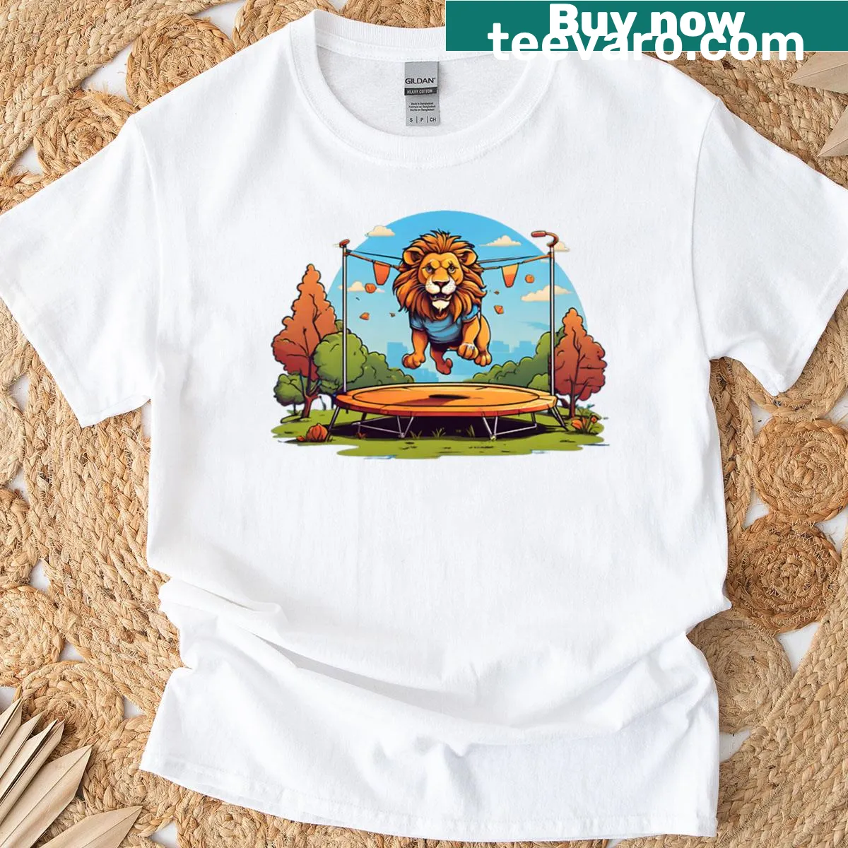 Cute t-shirt with an illustration of a lion jumping on a trampoline — on a men's t-shirt