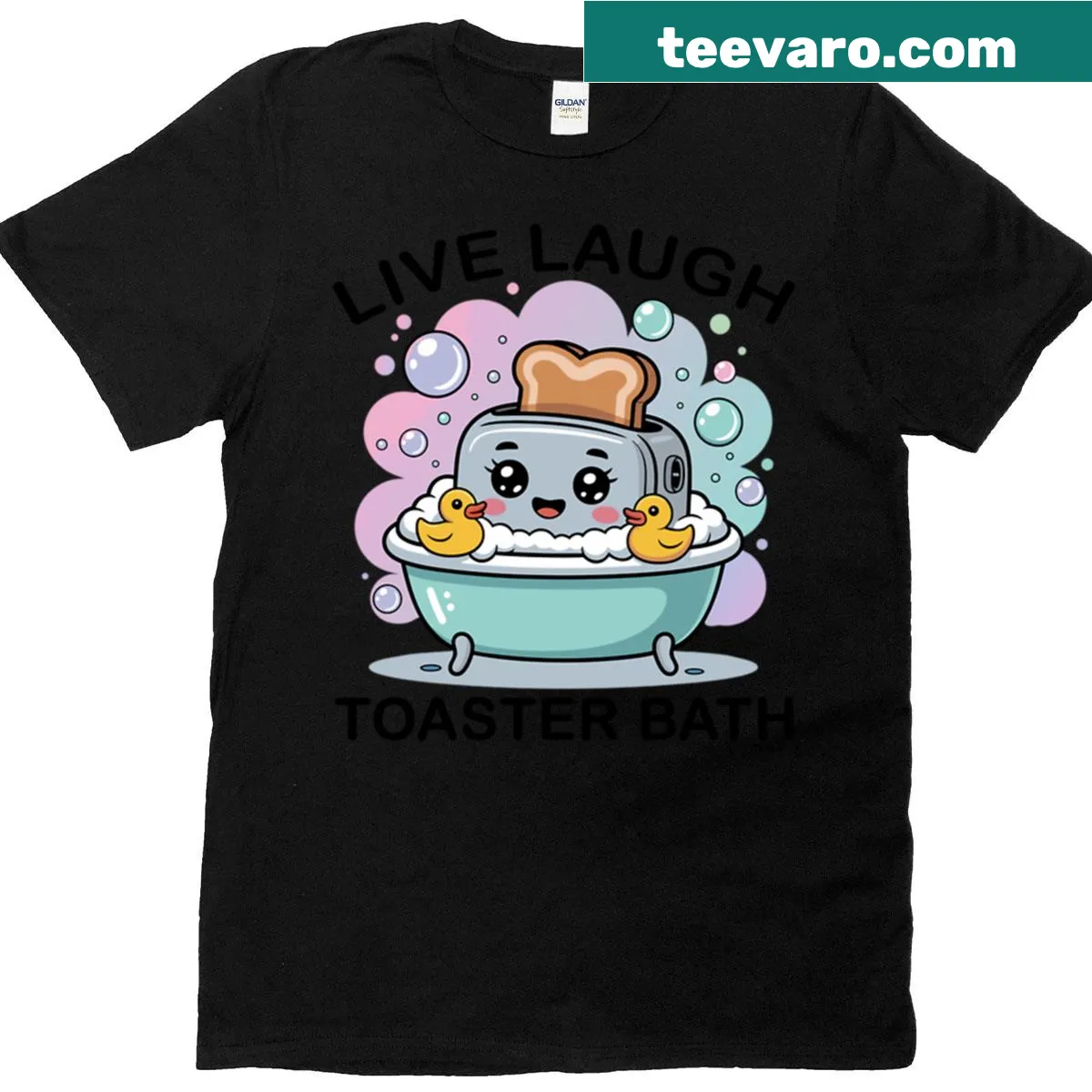 T-shirt with the humorous phrase 'Live Laugh Toaster Bath' — on a men's t-shirt