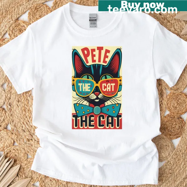 Vintage cartoon-style t-shirt featuring book, movie, cat, and shoe graphics
