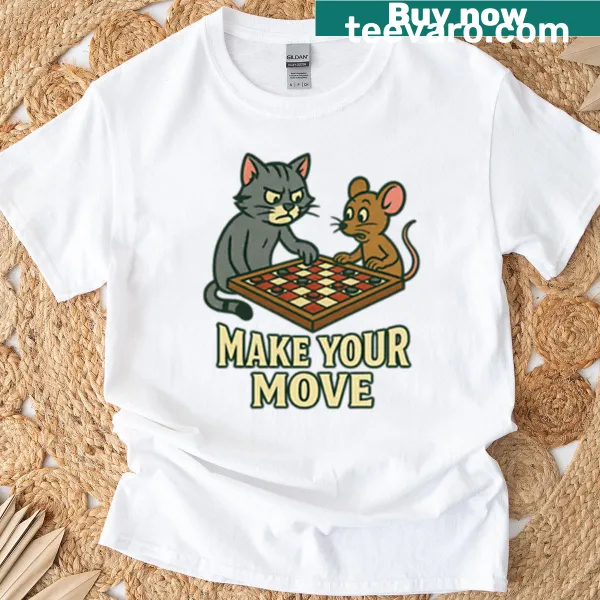 Cat and mouse chess match illustrated on a playful T-shirt.