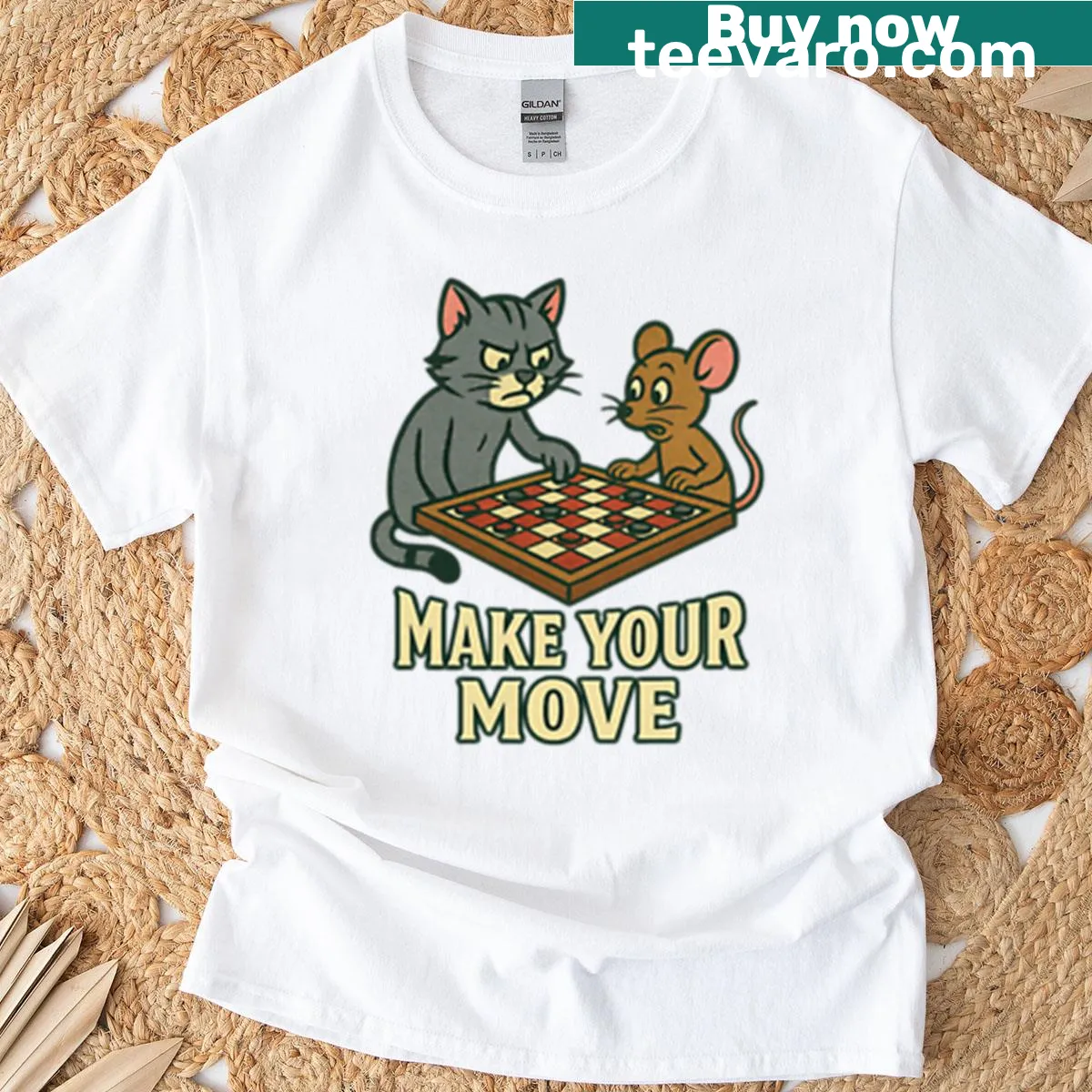 Cat and mouse chess match illustrated on a playful T-shirt. — on a men's t-shirt