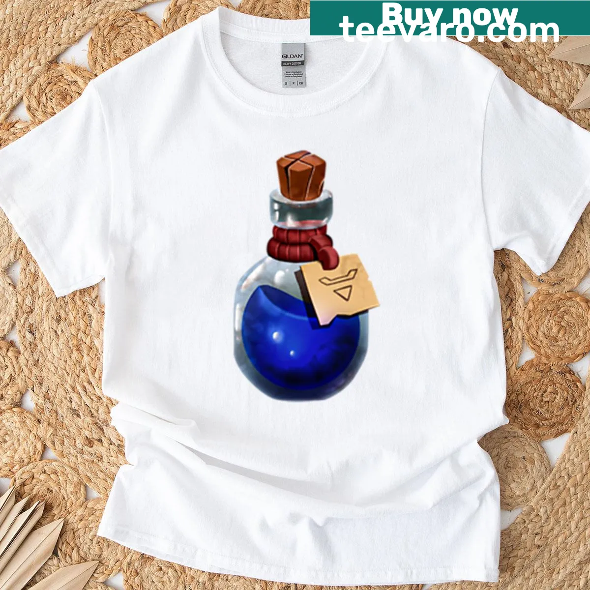 T-shirt featuring a graphic of a mana potion from fantasy gaming. — on a men's t-shirt
