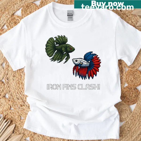 Retro-style graphic of a pixelated betta fish in combat