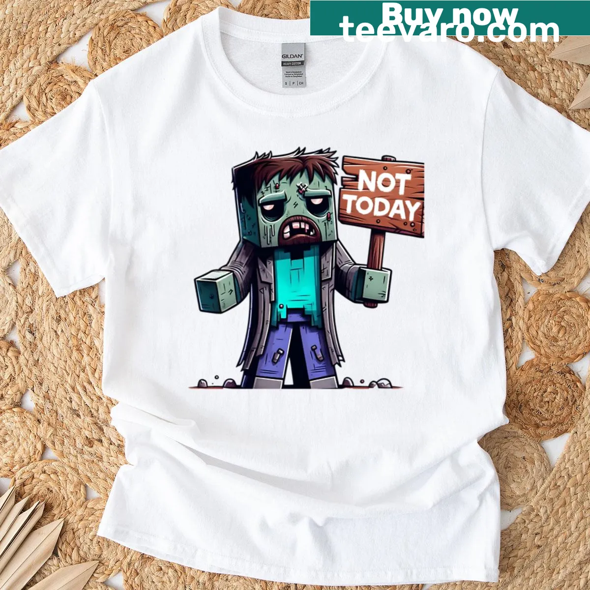 Funny Minecraft zombie graphic T-shirt with humorous text. — on a men's t-shirt