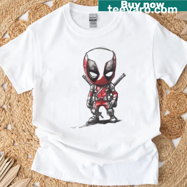 Mini Deadpool illustration on a playful t-shirt.