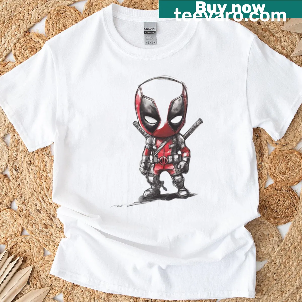 Mini Deadpool illustration on a playful t-shirt. — on a men's t-shirt
