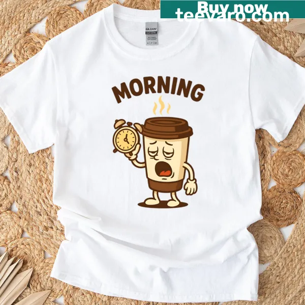 Cute cartoon sleepy coffee cup graphic on a t-shirt.
