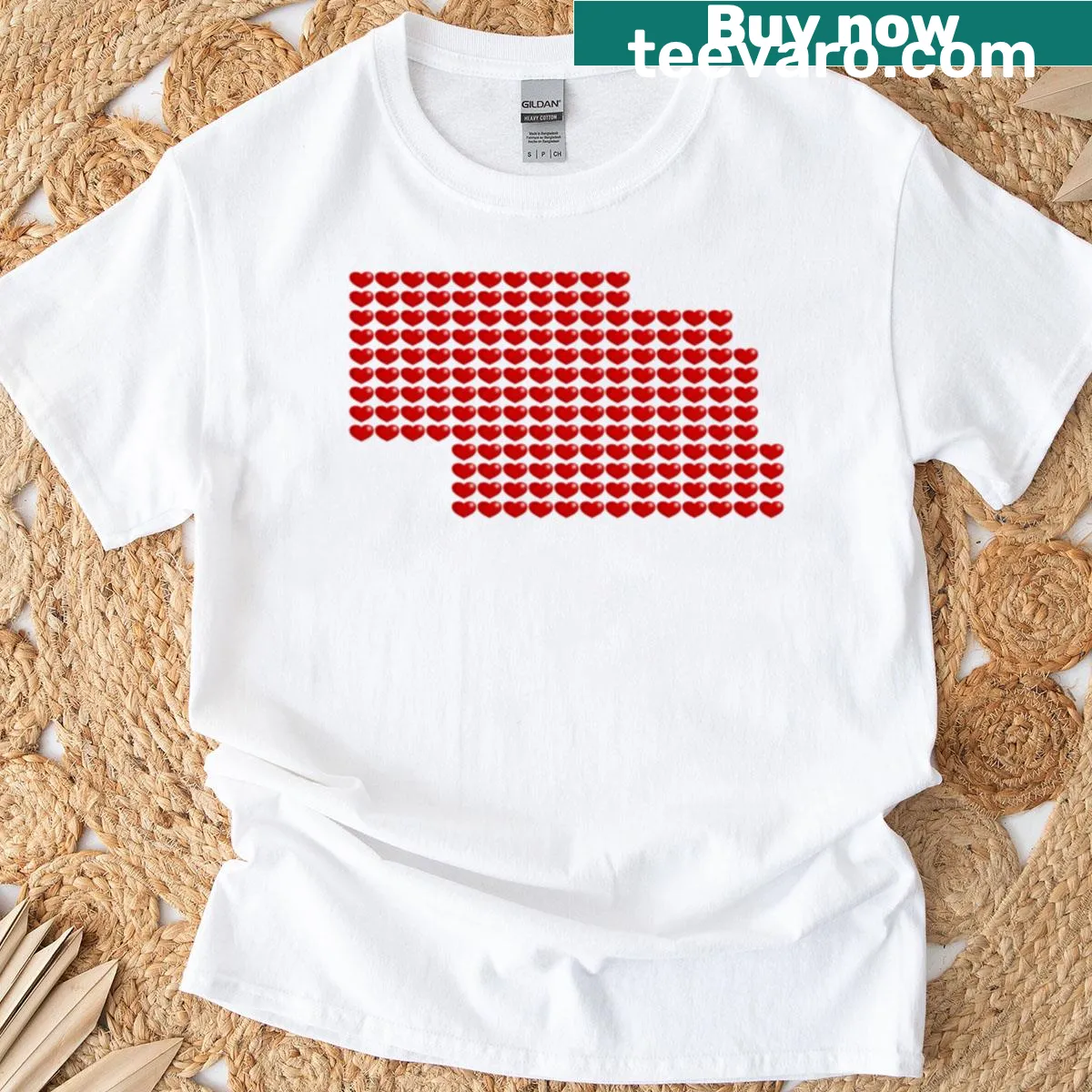 Heart-shaped design filled with Nebraska elements — on a men's t-shirt