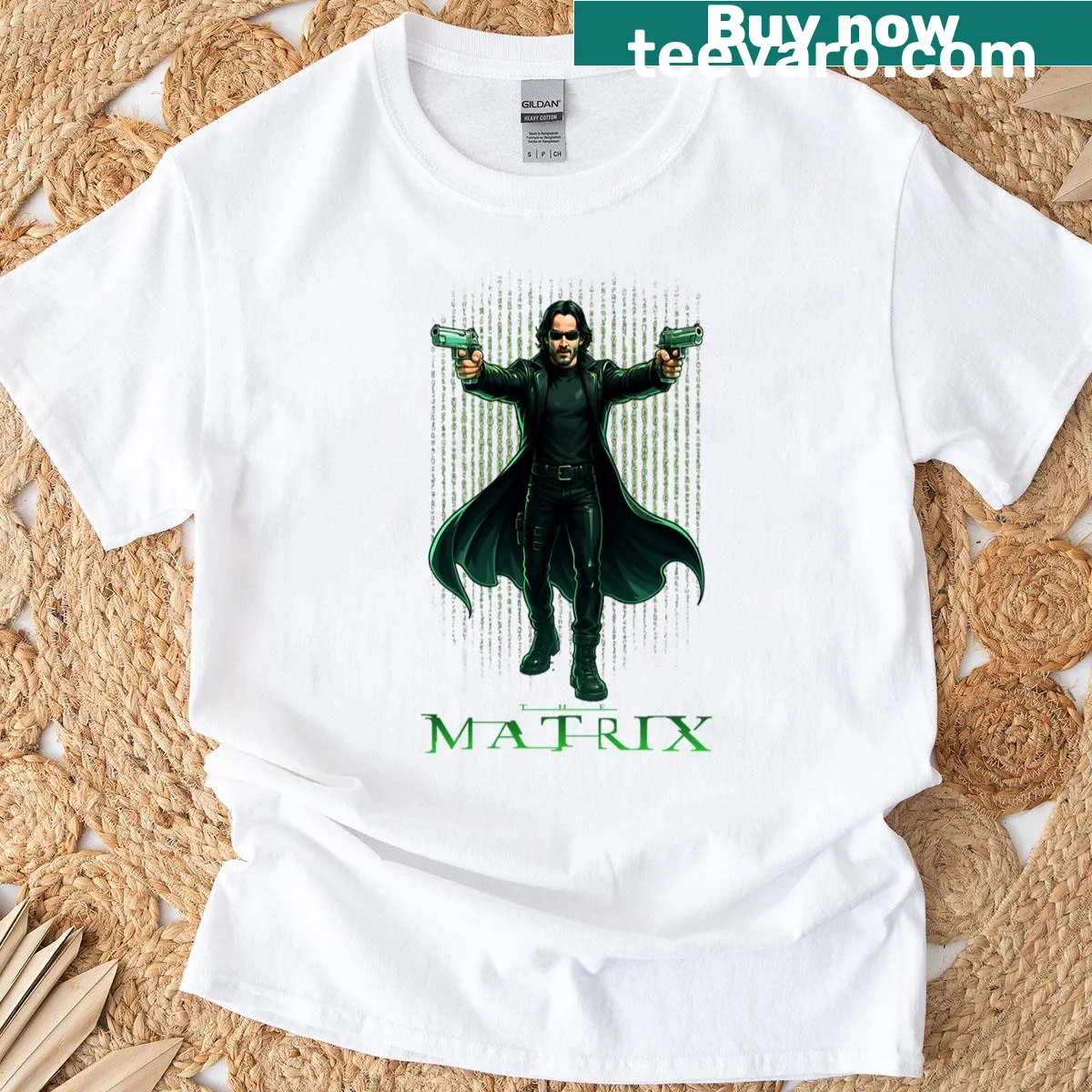 T-shirt featuring a graphic inspired by Neo from The Matrix — on a men's t-shirt