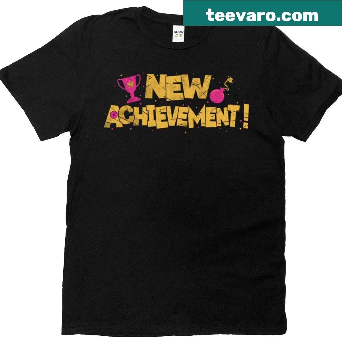 Retro-themed T-shirt featuring 'New Achievement' typography design — on a men's t-shirt