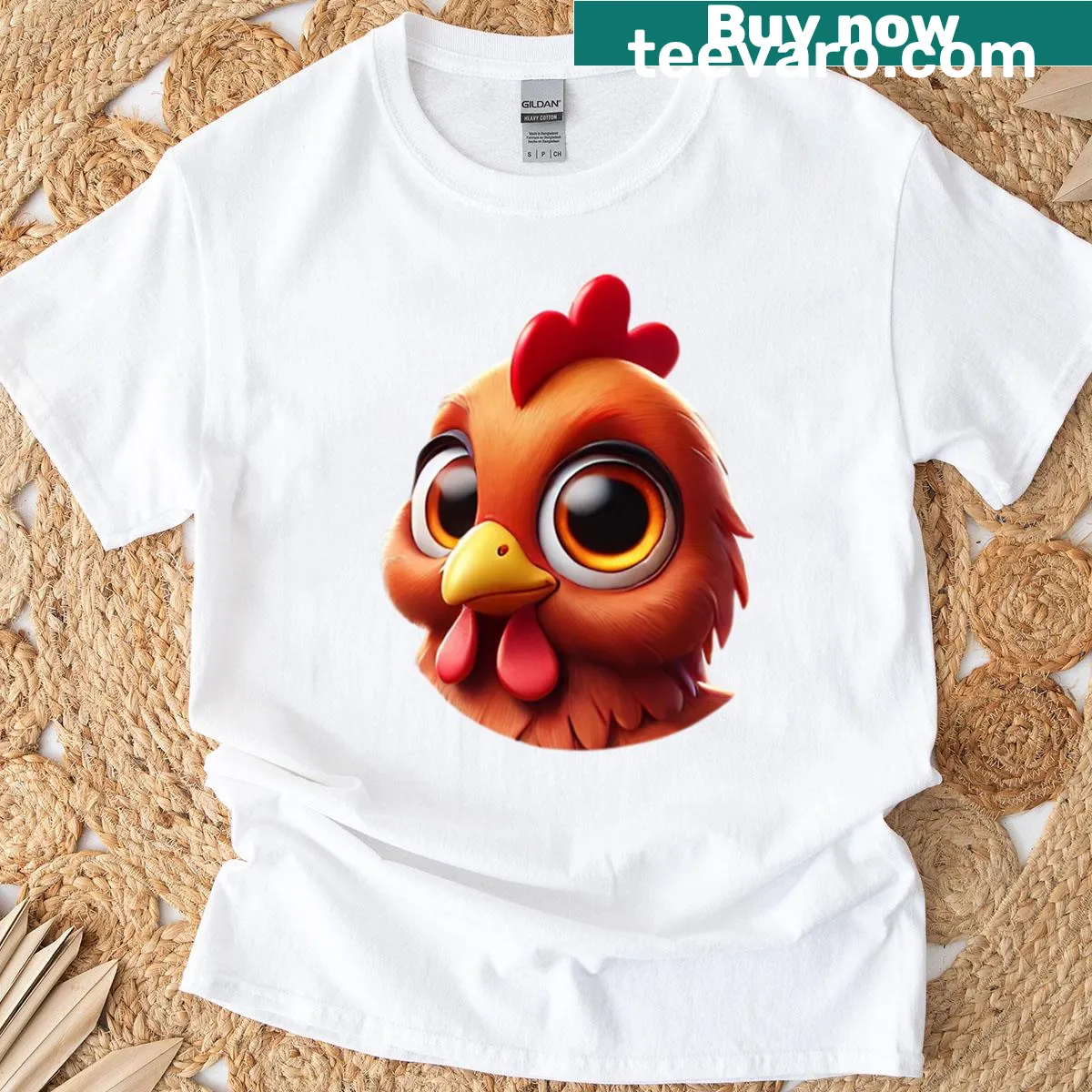 Realistic portrait of a New Hampshire Red chicken on a t-shirt — on a men's t-shirt