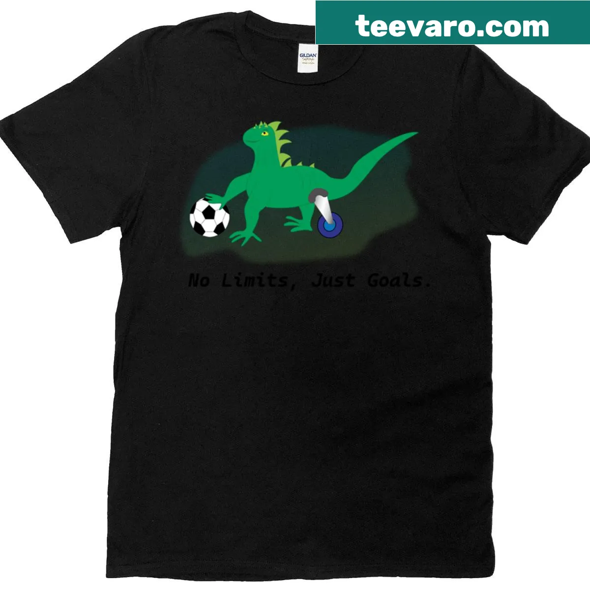 Iguana sticker graphic with 'No Limits Just Goals' text. — on a men's t-shirt