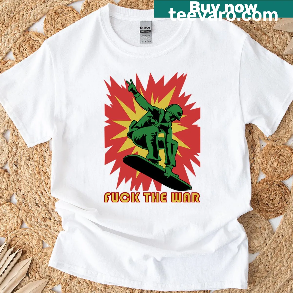 T-shirt featuring bold text that reads 'No More War' — on a men's t-shirt