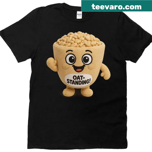 Cute t-shirt with 'Oat-standing Breakfast' and food illustrations