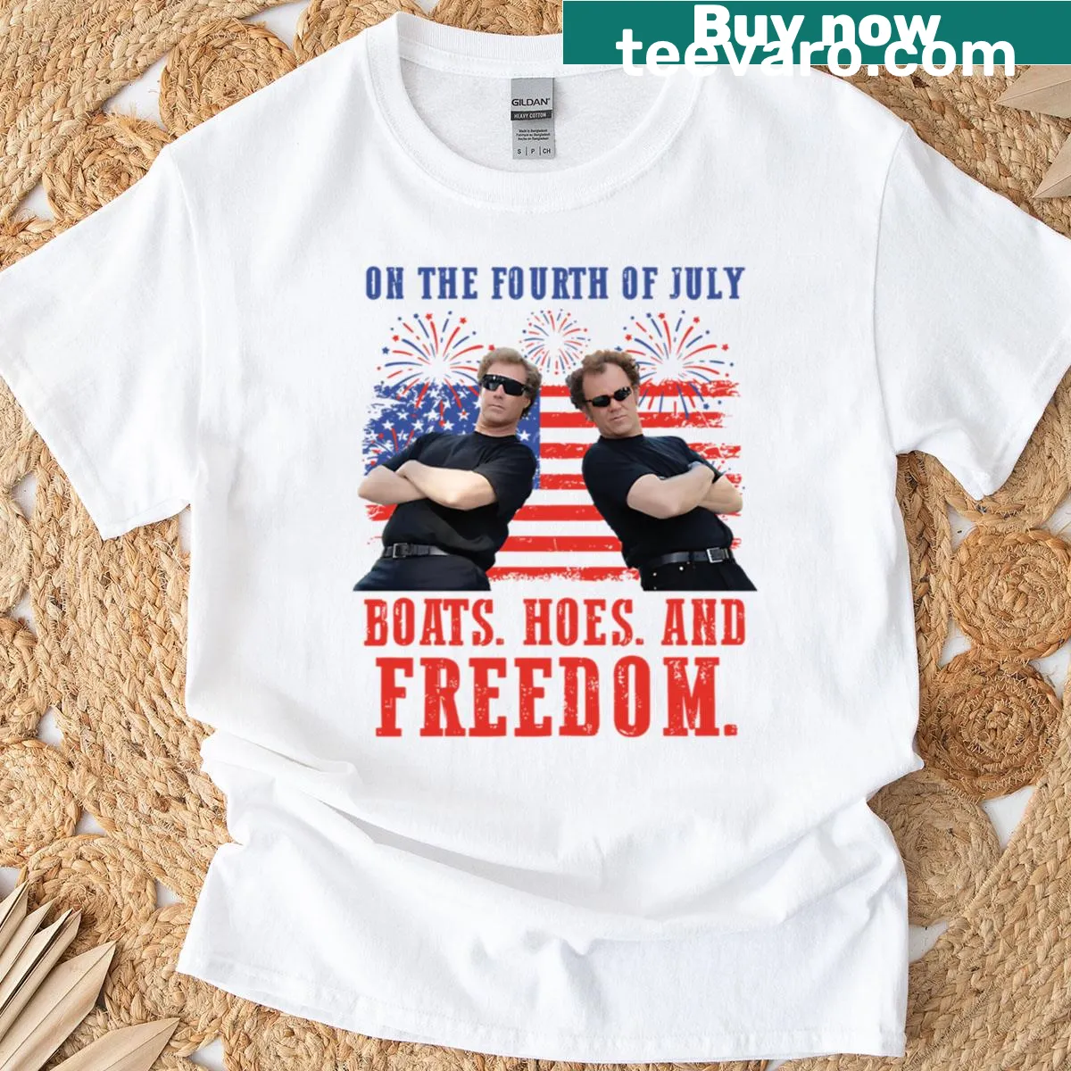 Illustrated t-shirt featuring the phrase 'Boats Hoes and Freedom' for July 4th. — on a men's t-shirt