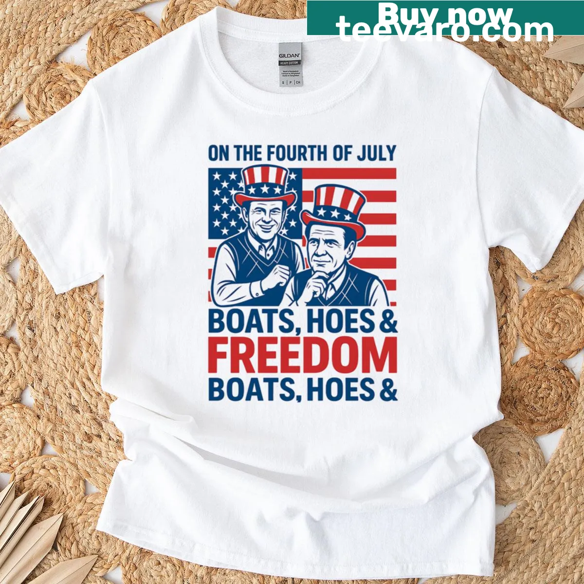Fourth of July themed t-shirt with humorous text about boats and freedom — on a men's t-shirt