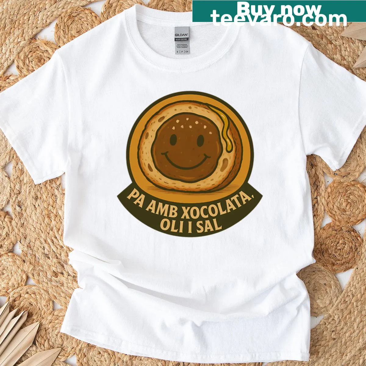 Humorous T-shirt featuring Catalan food design. — on a men's t-shirt