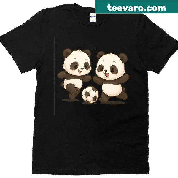 Illustration of pandas joyfully playing soccer on a t-shirt