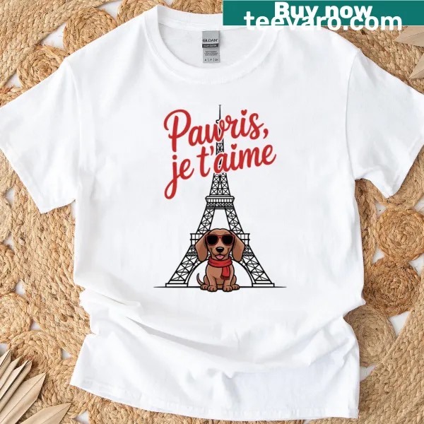 Cute travel-themed T-shirt with Paris and paw prints.