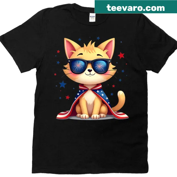 Patriotic cat t-shirt featuring an illustration for Independence Day