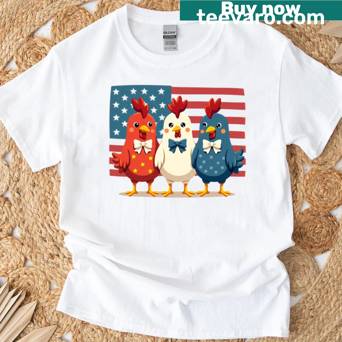 Cute T-shirt featuring patriotic chicks for Independence Day — on a men's t-shirt