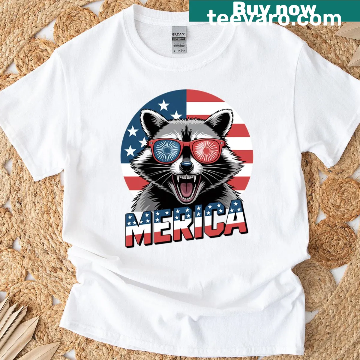 Funny T-shirt with raccoon and fireworks design. — on a men's t-shirt