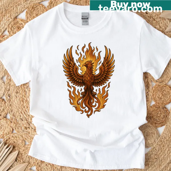 Illustration of a phoenix rising from flames on a T-shirt