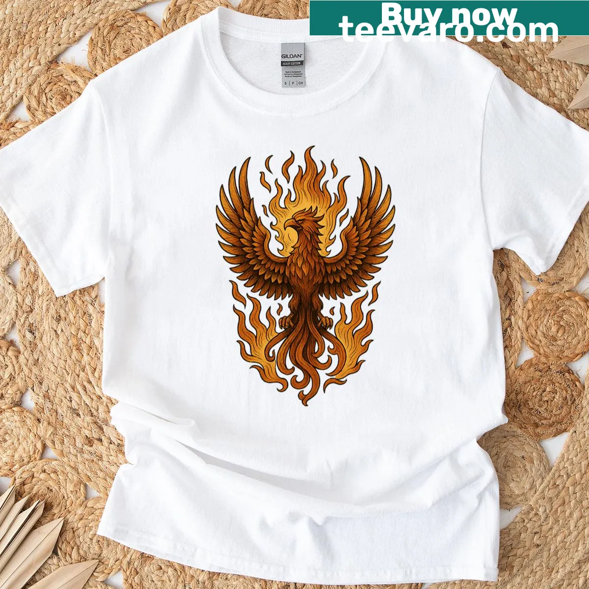 Illustration of a phoenix rising from flames on a T-shirt — on a men's t-shirt