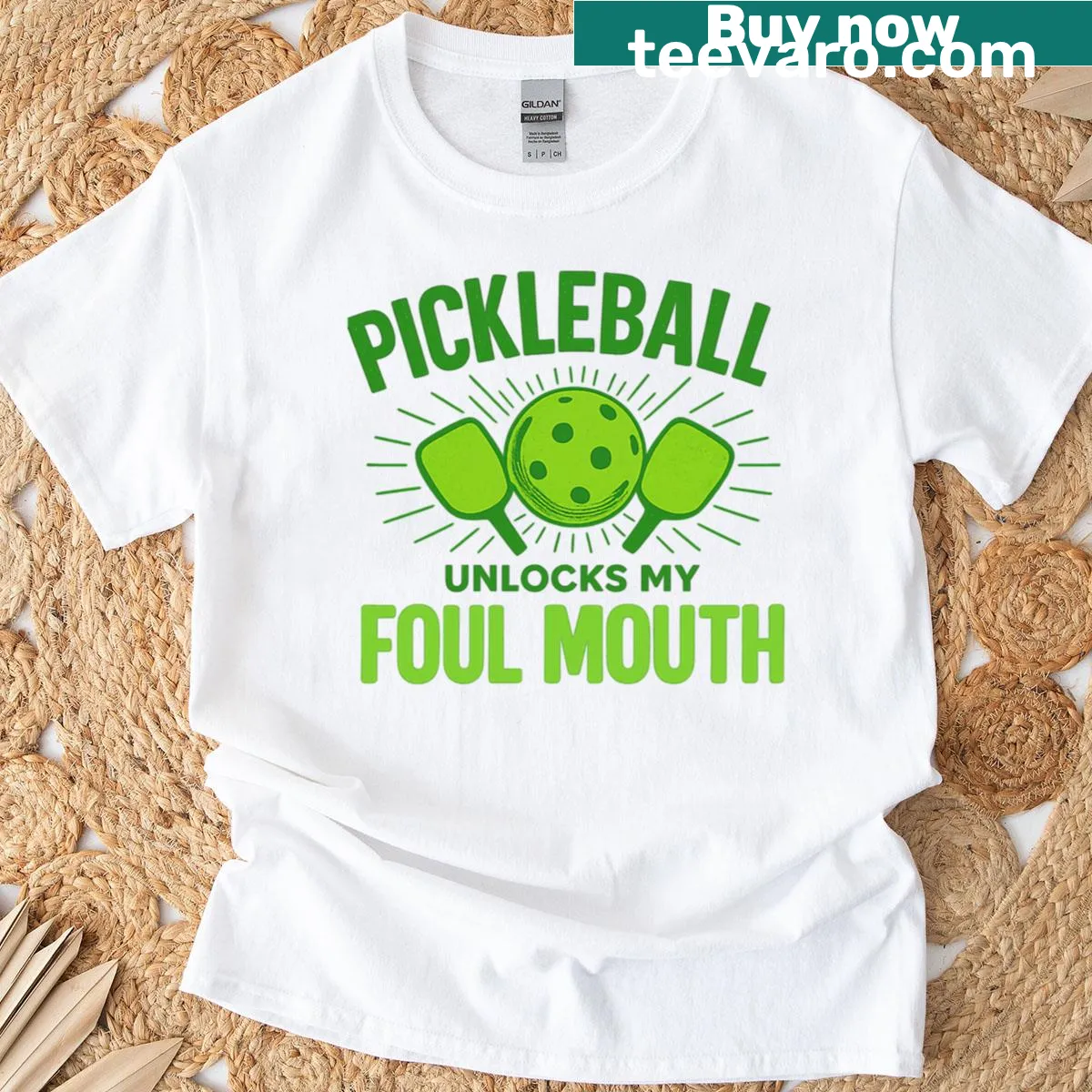 Humorous t-shirt featuring the phrase about pickleball and foul language — on a men's t-shirt