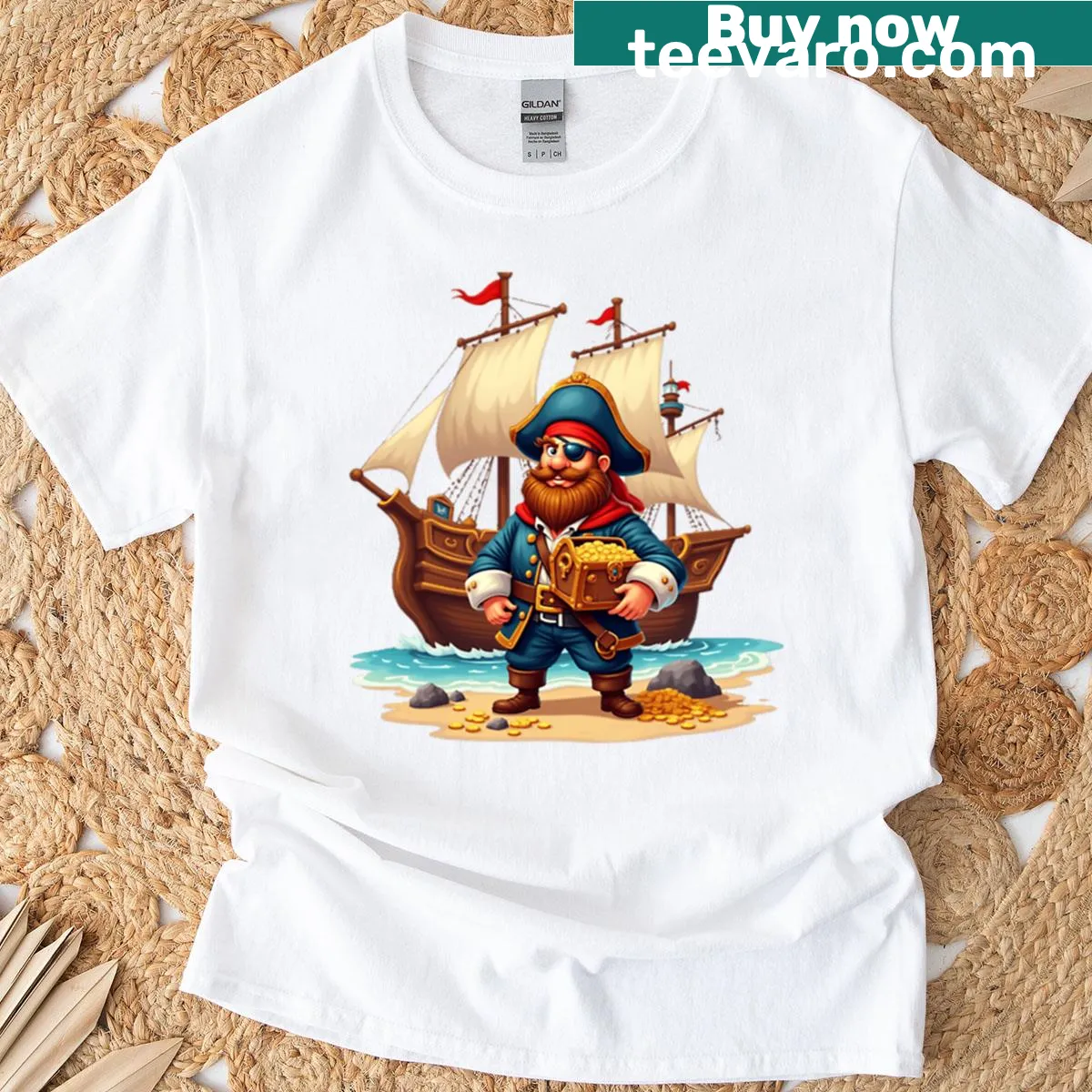 Cheerful pirate with treasure and ship on a T-shirt — on a men's t-shirt