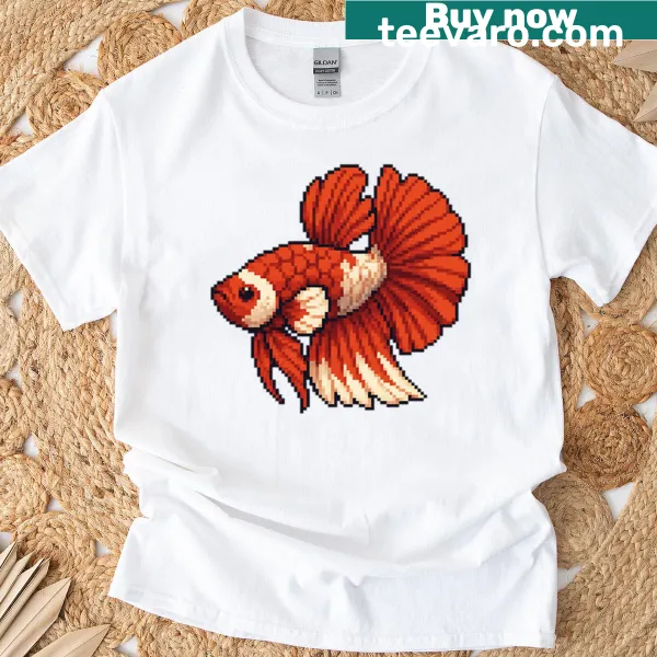Retro pixel betta fish graphic on a T-shirt