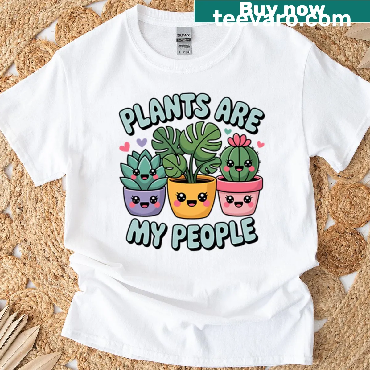Kawaii plants in happy pots graphic on a T-shirt — on a men's t-shirt