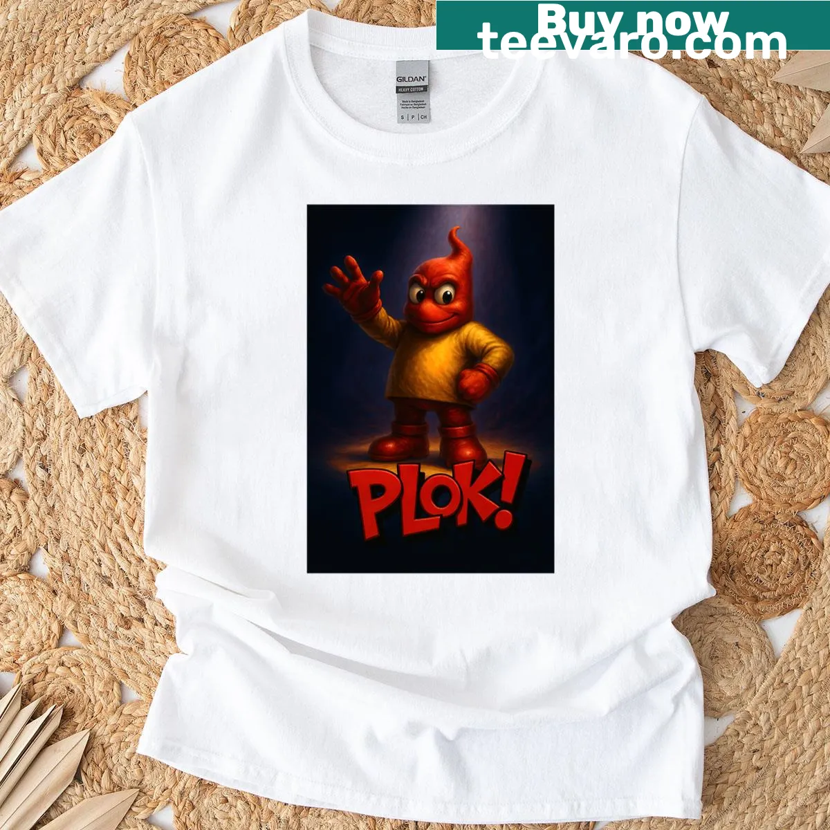 Retro t-shirt featuring Plok from the classic 90s video game. — on a men's t-shirt