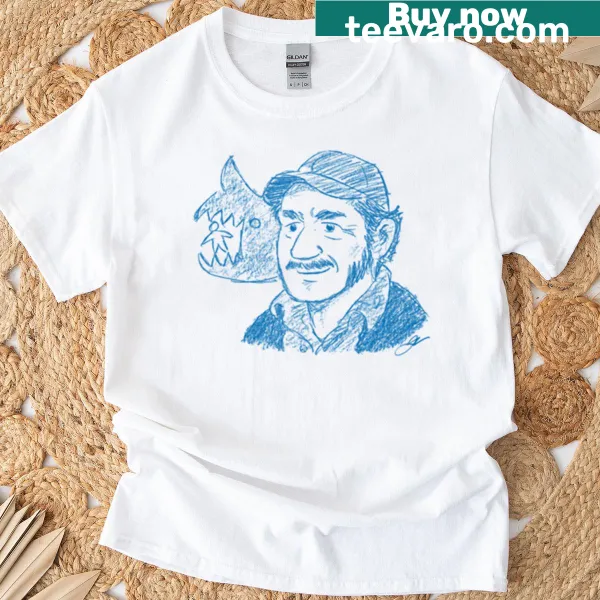 T-shirt featuring the phrase 'Quint Shark Hunter' in bold typography
