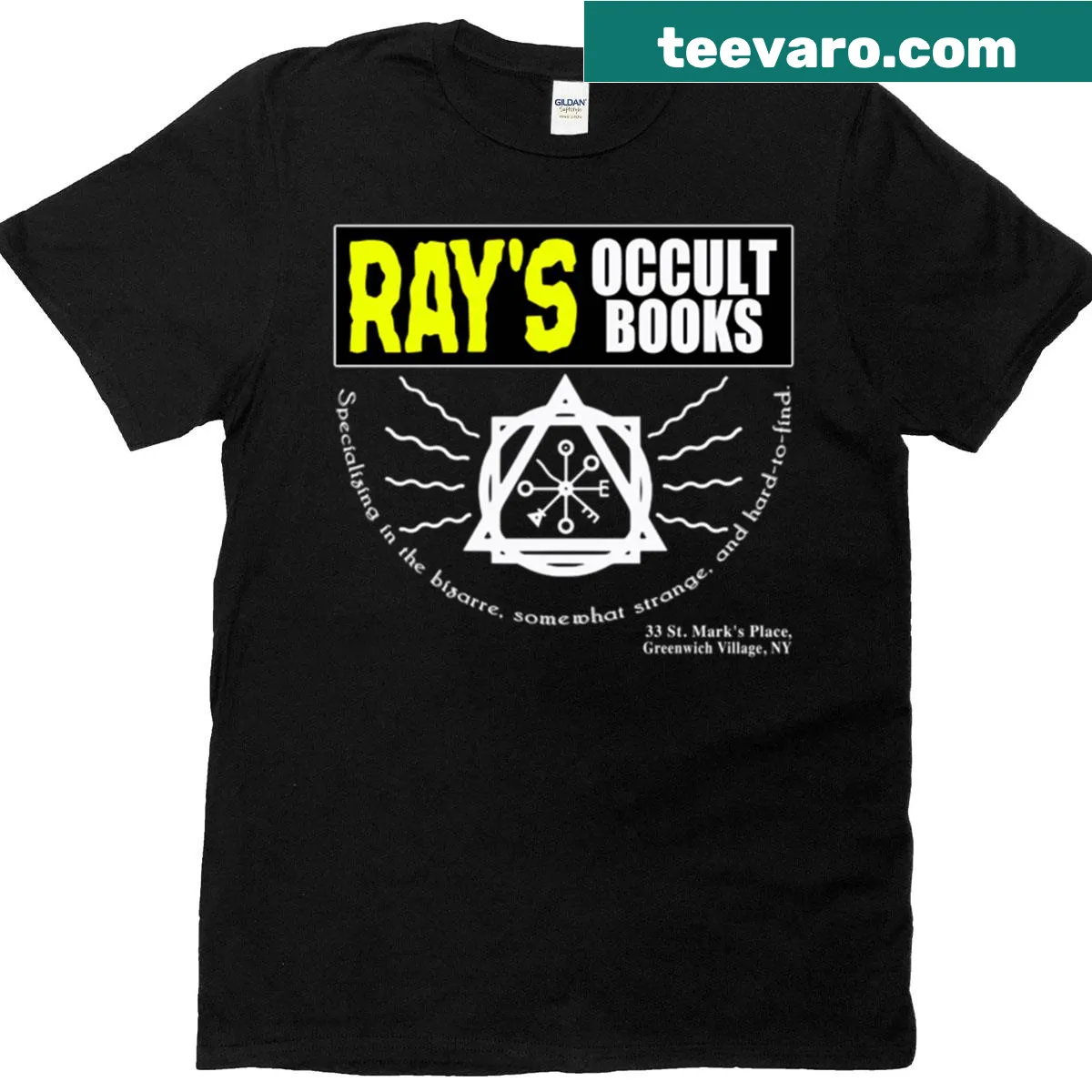 Typographic design featuring Rays Occult Books — on a men's t-shirt
